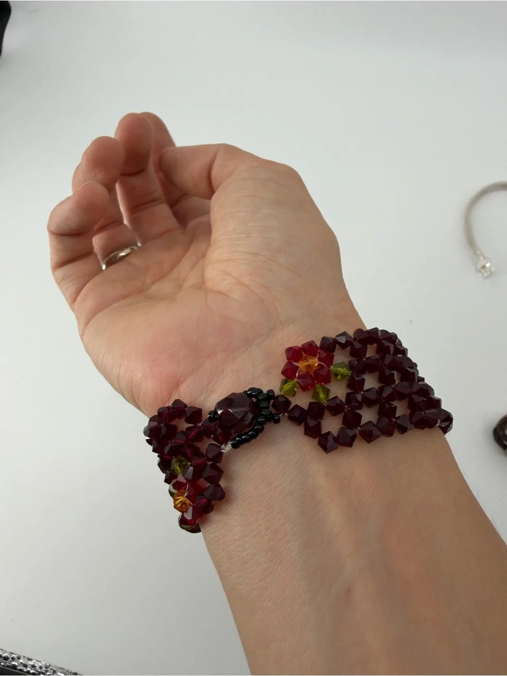Vintage Handmade Crystal Bicone Bead Wide Cuff Bracelet Red Maroon Flower Clasp